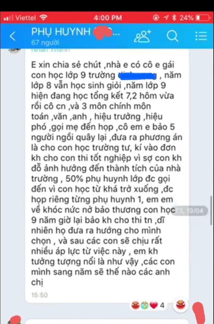 Nội dung tin nhắn của phụ huynh được chia sẻ trên mạng xã hội.