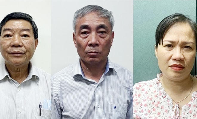Các bị cáo Nguyễn Quốc Anh, Nguyễn Ngọc Hiền và Trịnh Thị Thuận (từ trái qua).  Ảnh: Bộ Công an