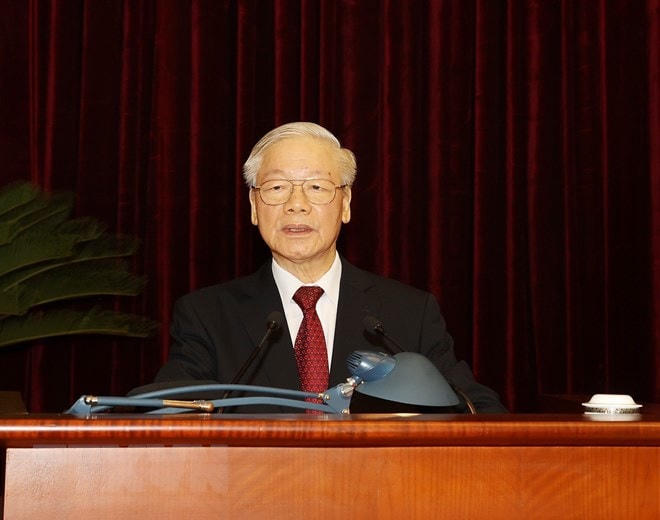 Tổng Bí thư Nguyễn Phú Trọng phát biểu khai mạc hội nghị. (Ảnh Trí Dũng/TTXVN).