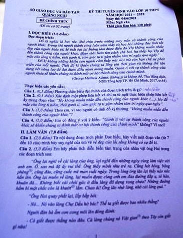 Đề thi môn thi Ngữ văn được đánh giá hay.