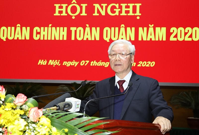 Tổng Bí thư, Chủ tịch nước Nguyễn Phú Trọng phát biểu chỉ đạo Hội nghị Quân chính toàn quân năm 2020 Ảnh: Bộ Quốc phòng.