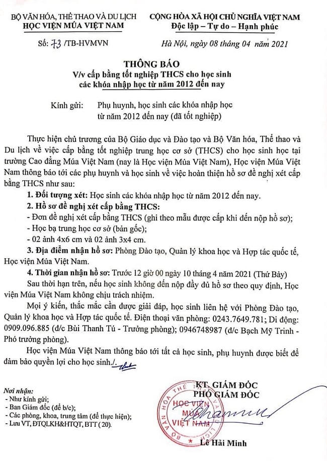 Thông báo về việc cấp bằng THCS của Học viện Múa Việt Nam.