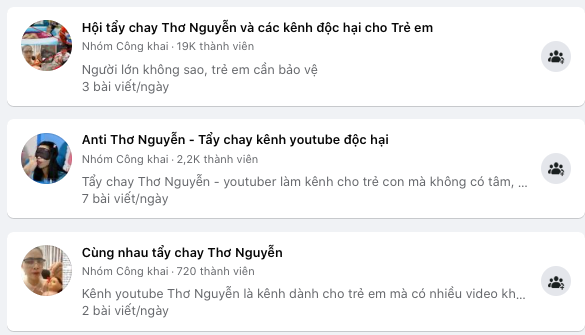 Một số nhóm đòi "tẩy chay" Thơ Nguyễn. Nguồn: FB. 