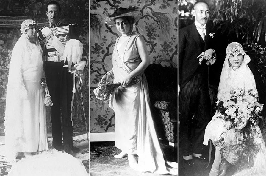 Từ trái qua: Công chúa Isabel Alfonsa của Bourbon-Two Sicilies trong đám cưới của cô với Bá tước Ba Lan Jan Kanty Zamoysk vào ngày 9/3/1929; Công chúa H Treaty Reuss của Greiz trong đám cưới của cô với Hoàng đế cuối cùng của Đức và Vua của Phổ Wilhelm II, vào ngày 1/11/1922; Nữ chính trị gia Tống Mỹ Linh cùng chồng, ông Tưởng Giới Thạch, ngày 1/12/1927.  