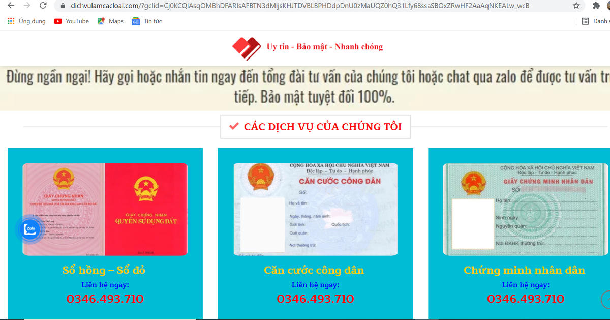 Một trang web rao bán công khai sổ đỏ và các loạt giấy tờ giả.