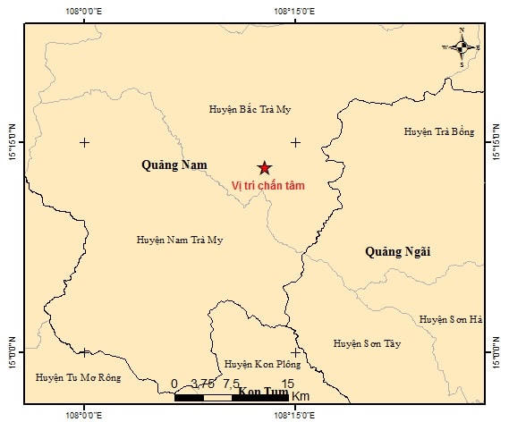 Vị trí tâm chấn xảy ra động đất 2.6 độ Richter ở huyện Bắc Trà My. (Ảnh Việt vật lý Địa cầu)