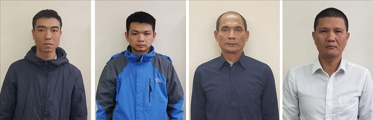 Các bị can (từ trái qua): Phan Doãn Giang, Đào Trọng Hiếu, Nguyễn Đức Dũng, Nguyễn Bá Giang. Ảnh: BCA