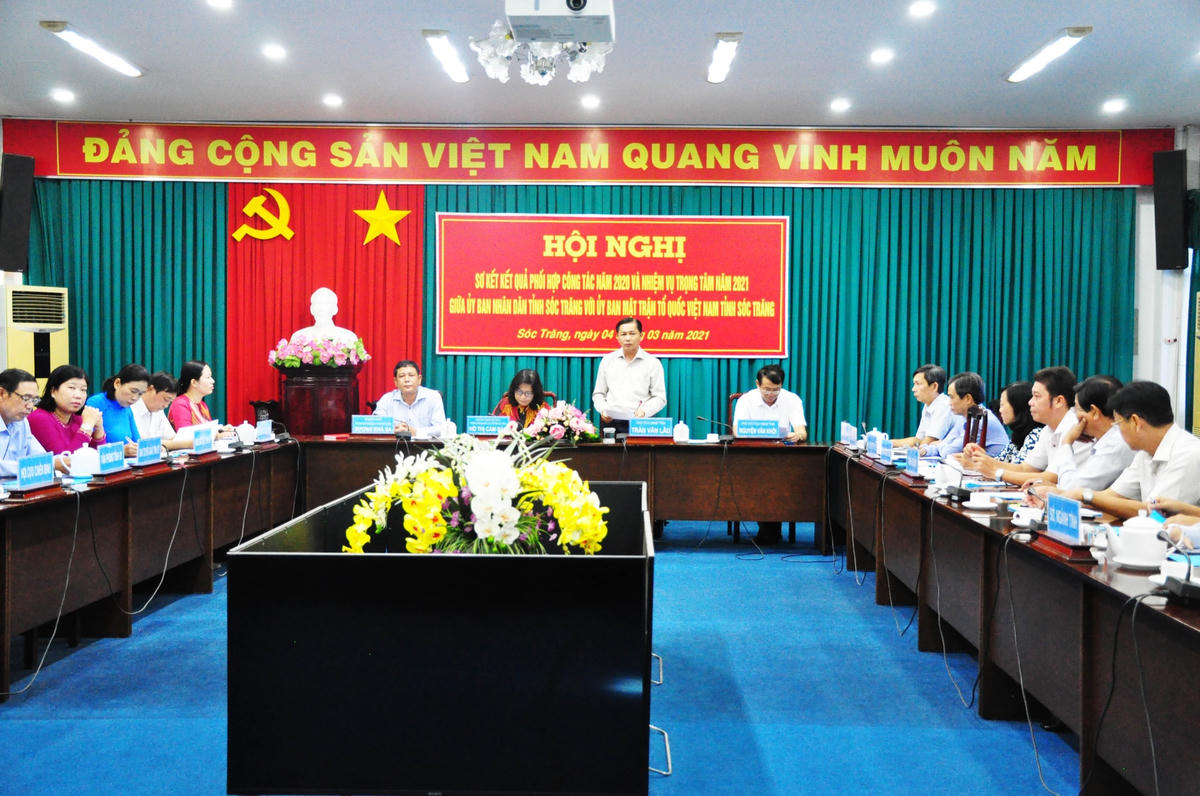 Quang cảnh hội nghị sơ kết công tác phối hợp giữa UBND tỉnh và Ủy ban MTTQ Việt Nam tỉnh Sóc Trăng.
