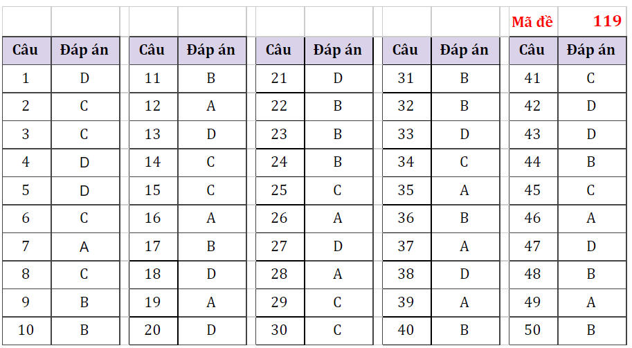 Đáp án (tham khảo) môn Toán thi tốt nghiệp THPT 2021 mã đề 119.
