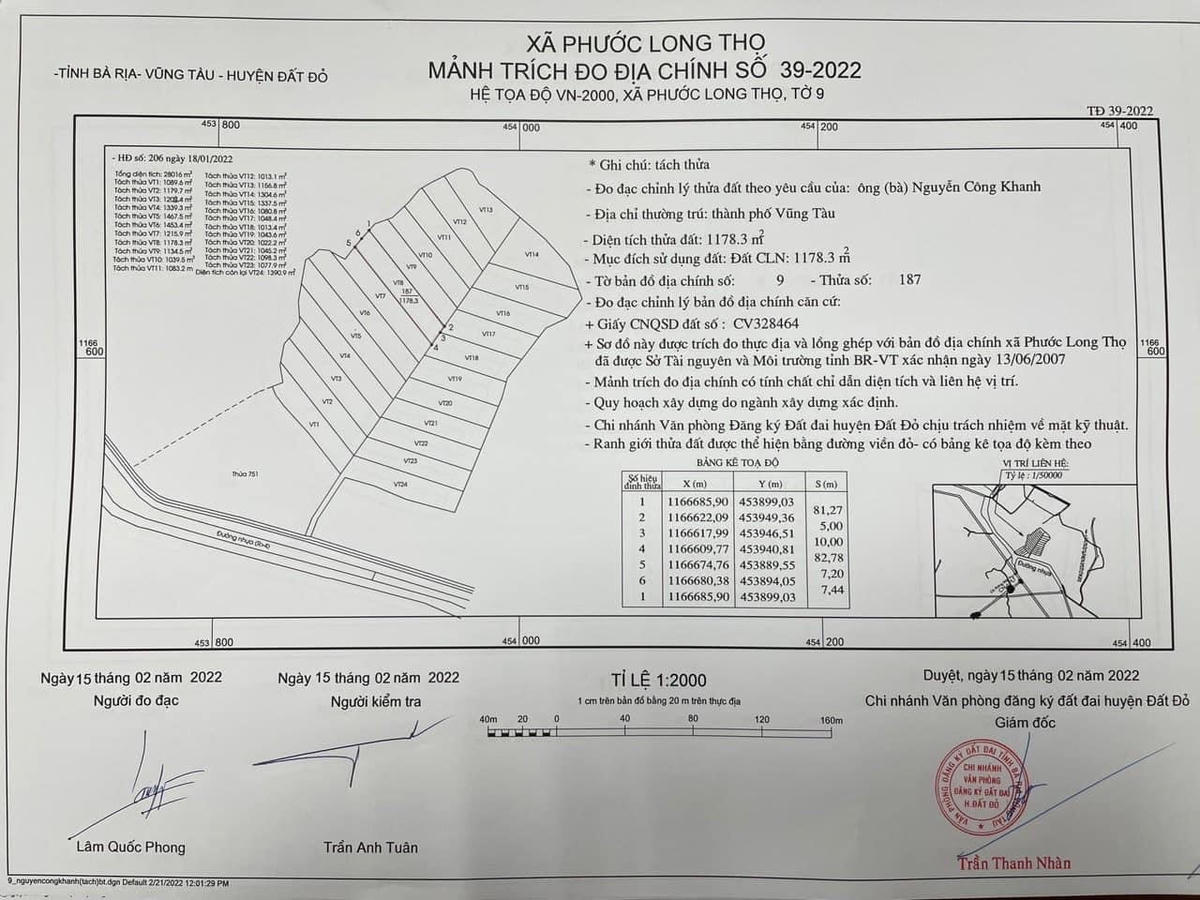 Bản vẽ khu đất thuộc sở hữu của ông Nguyễn Công Khanh tại xã Phước Long Thọ, huyện Đất Đỏ sau khi được tách thửa, có thể thấy con đường giao thông được hình thành chính giữa, đấu nối với trục đường hiện hữu.