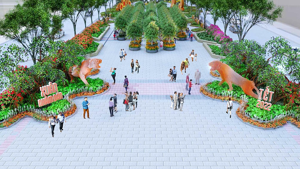 Phối cảnh Đường hoa Nguyễn Huệ TPHCM chuẩn bị đón Xuân Nhâm Dần 2022. Ảnh: Lê Quân