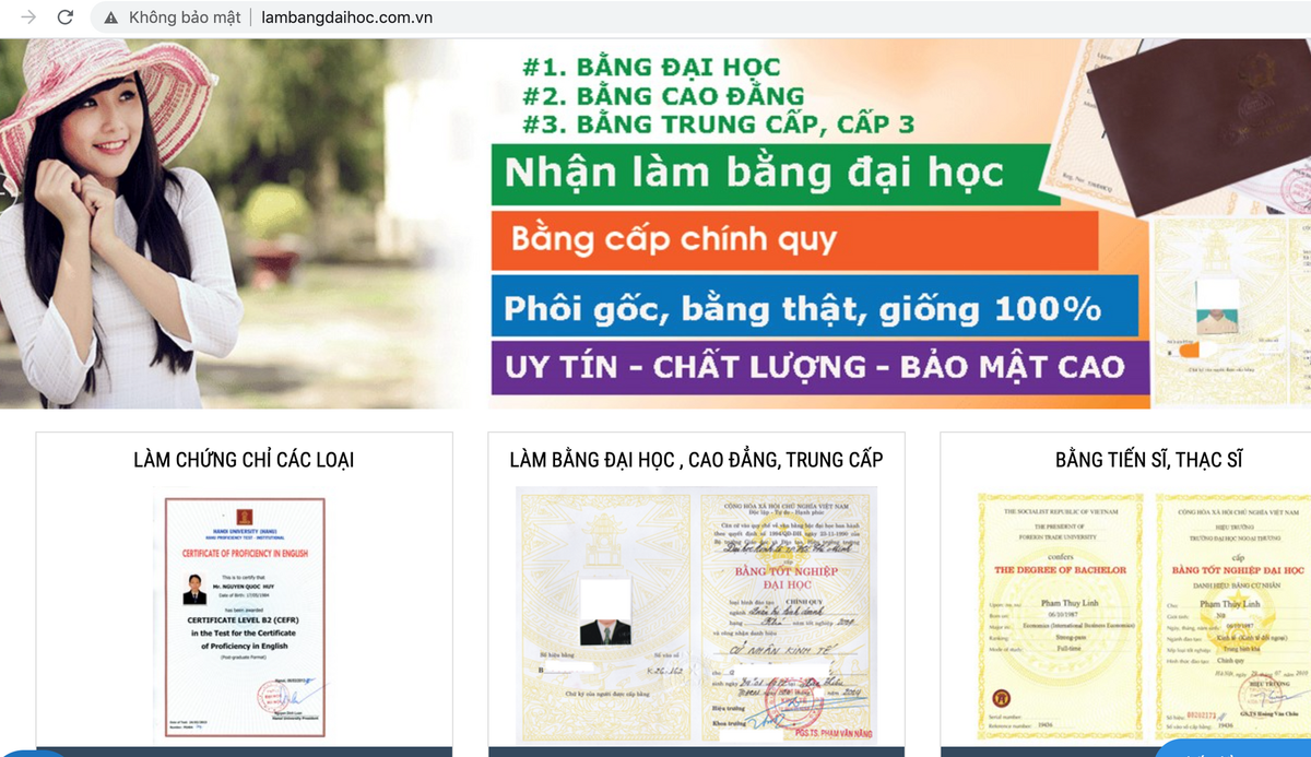 Trang web “lambangdaihoc.com.vn” công khai thông tin nhận làm bằng giống 100%.