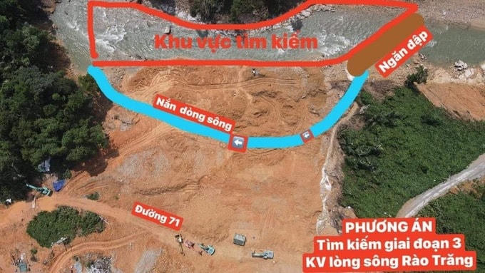 Phương án ngăn đập, nắng dòng Rào Trăng để tìm kiếm nạn nhân còn mất tích. Ảnh: Vnexpress.