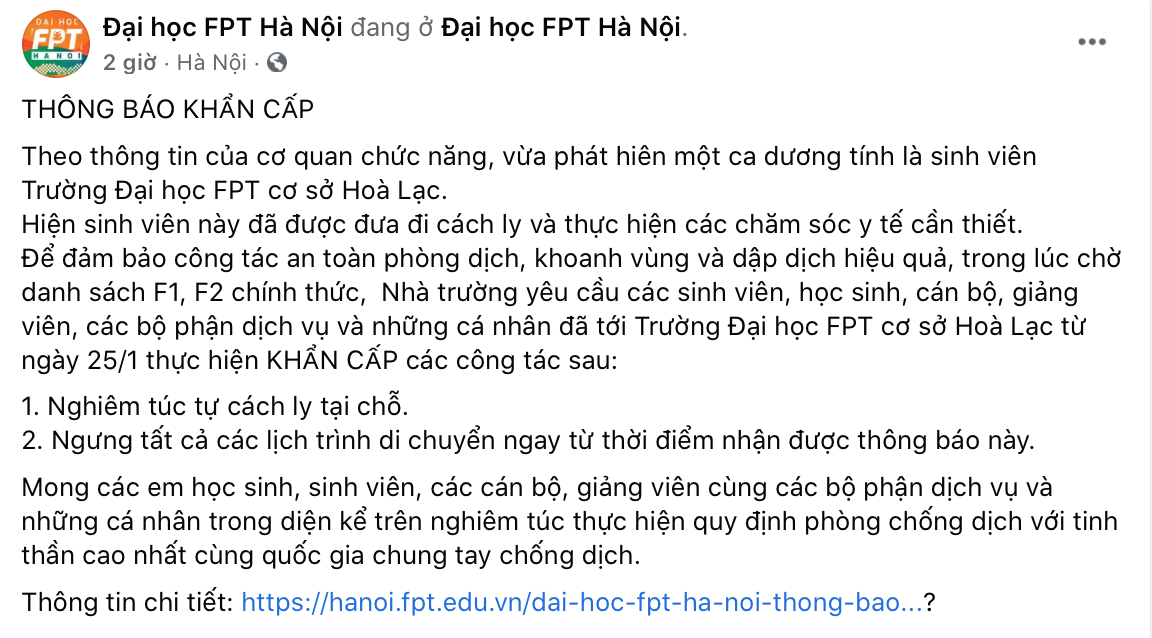 Thông báo của trường Đại học FPT. (Nguồn: Trường Đại học FPT)