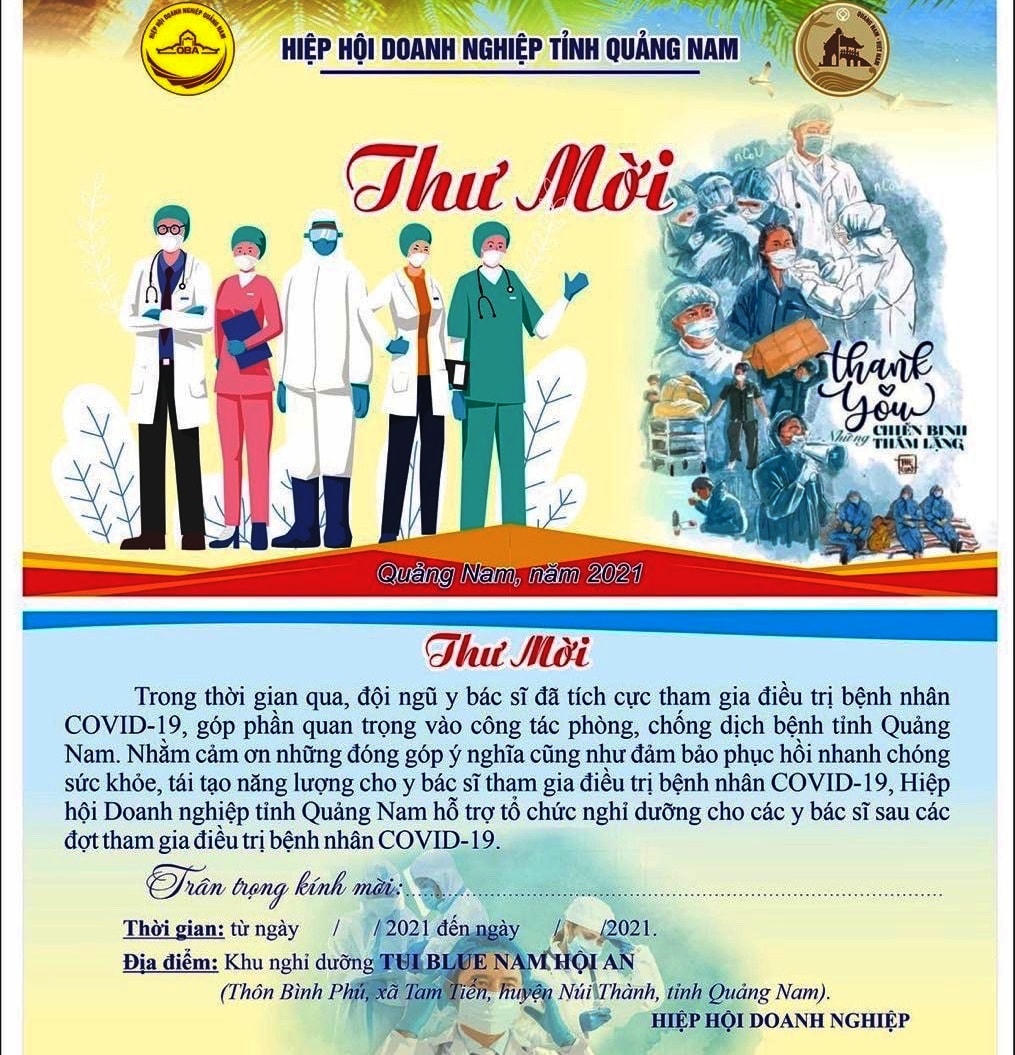 Thư mời Cán bộ, nhân viên y tế chống dịch Covid-19 nghỉ dưỡng.