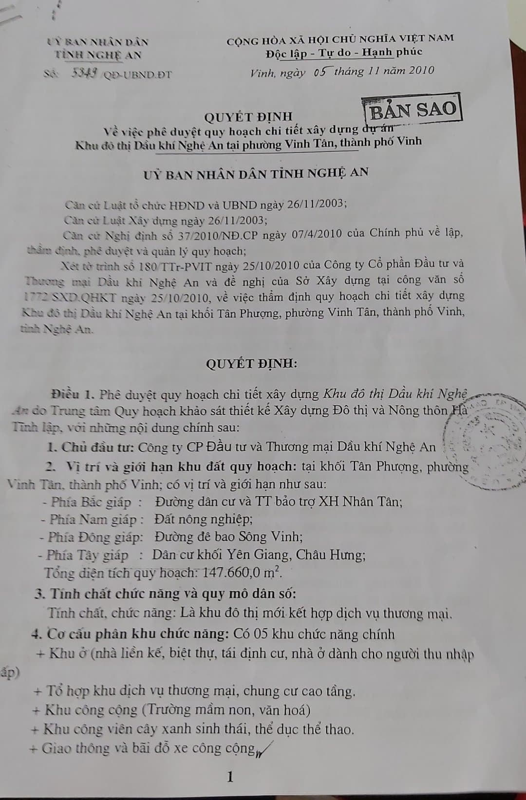 Quyết định 5343 của UBND tỉnh Nghệ An do ông Hồ Đức Phớc – Phó Chủ tịch UBND Nghệ An ký vào ngày 5/11/2010.