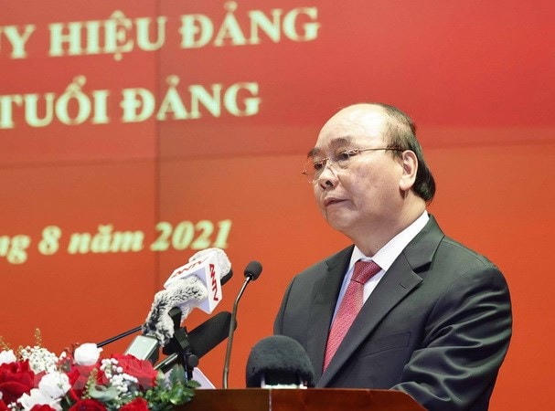 Chủ tịch nước Nguyễn Xuân Phúc phát biểu tại buổi gặp mặt. (Ảnh: Thống Nhất/TTXVN).