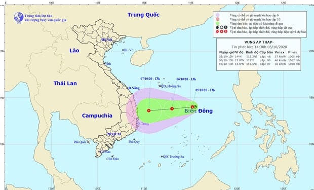 Hình ảnh vị trí và đường đi của vùng áp thấp. (Nguồn: nchmf.gov.vn).