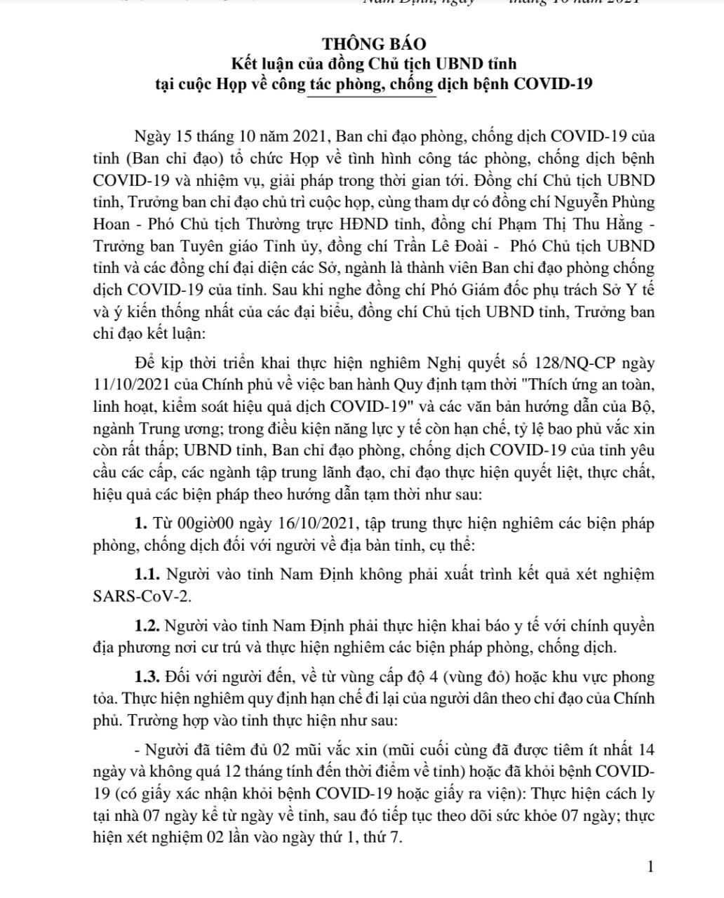 Thông báo mới nhất của chính quyền Nam Định.