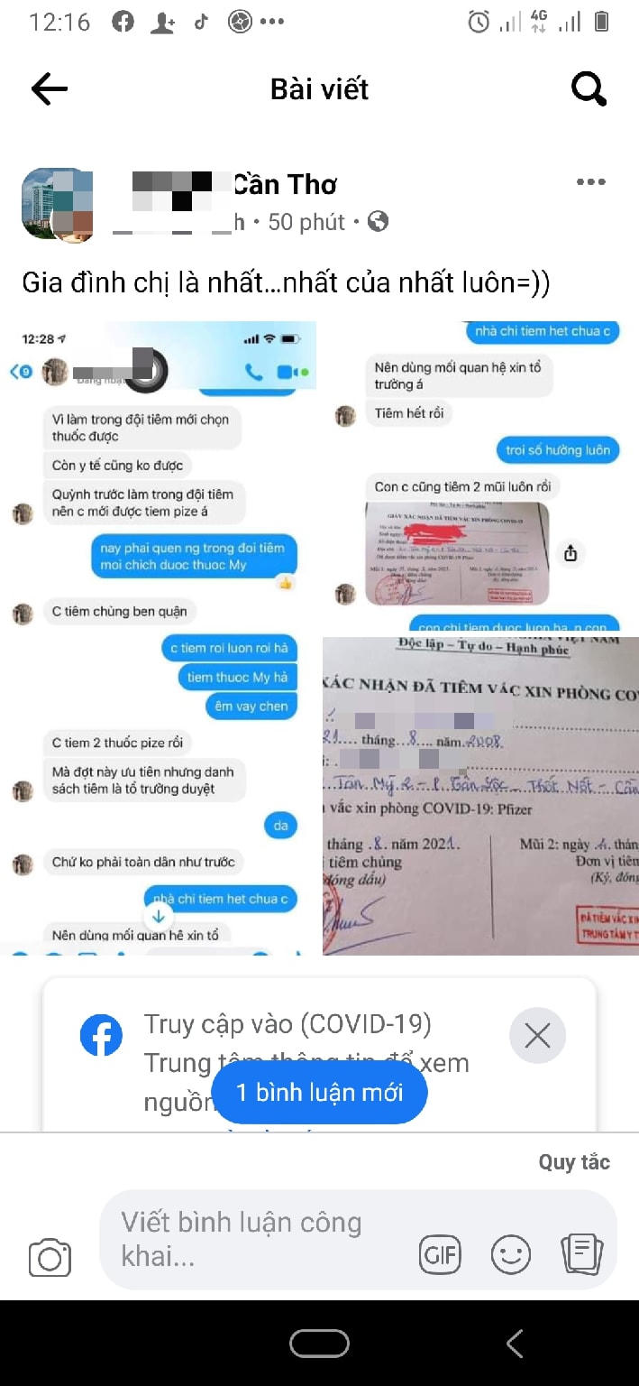 Dòng trạng thái kèm theo hình chụp giấy xác nhận tiêm chủng mà Q.T. đã đăng tải trên mạng xã hội vào ngày 13/9.
