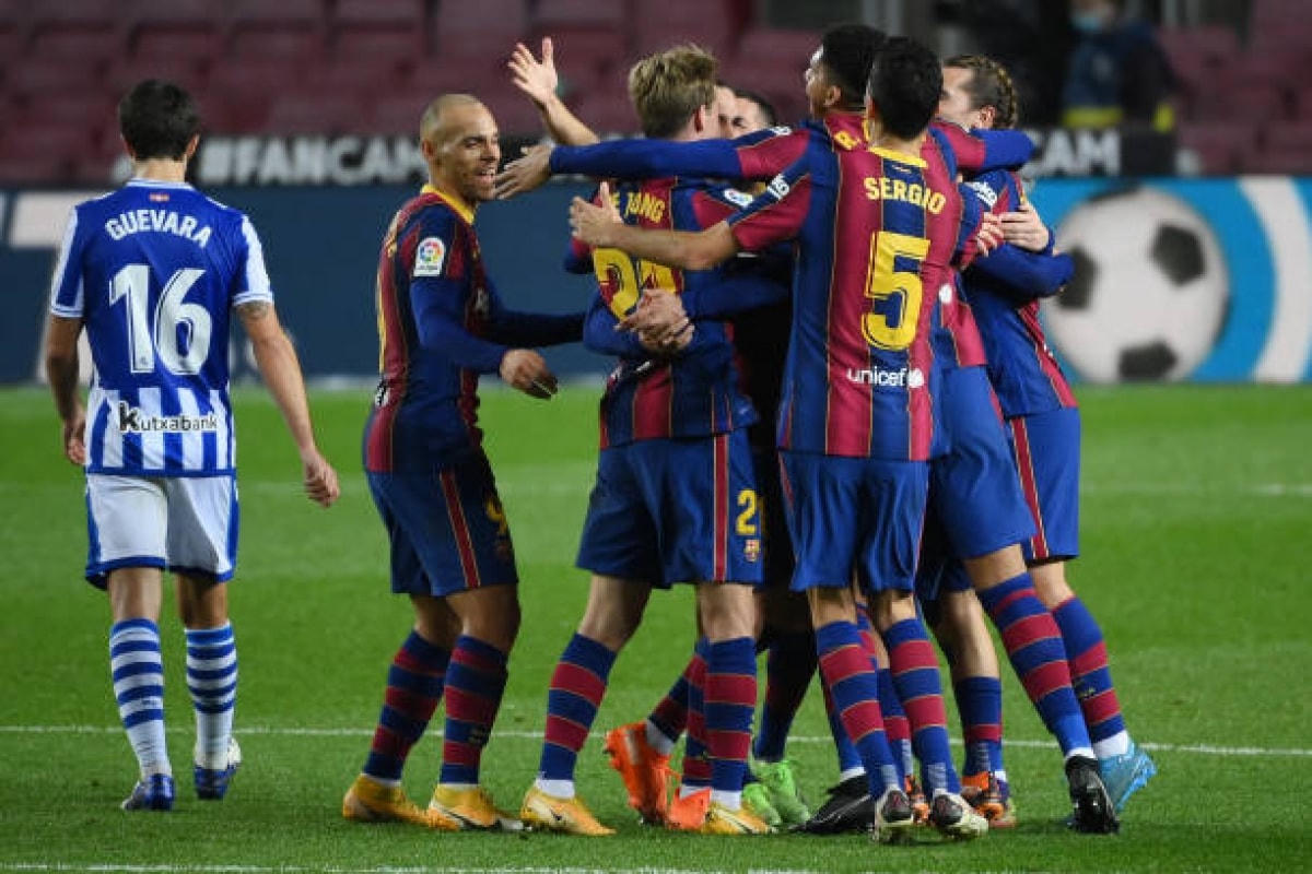 Barca có trận thắng quan trọng 2-1 trước Sociedad. Ảnh: Getty.  
