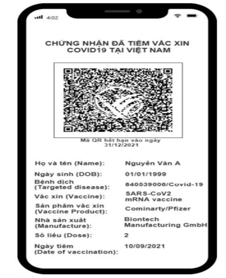 Minh họa Chứng nhận điện tử đã tiêm vắc-xin Covid-19 của Việt Nam trên thiết bị di động.