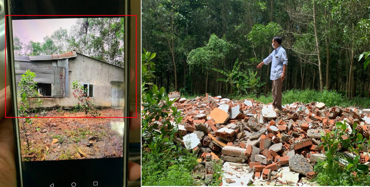 Ngôi nhà cấp 4 của Bà Lương Thị Tuyết Mai (Vợ ông Nguyễn Mạnh Cường) xây trên đất rừng trước và sau khi bị đập bỏ.