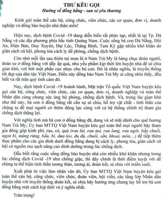 Thư kêu gọi của Ủy ban MTTQ Việt Nam huyện Nam Trà My.