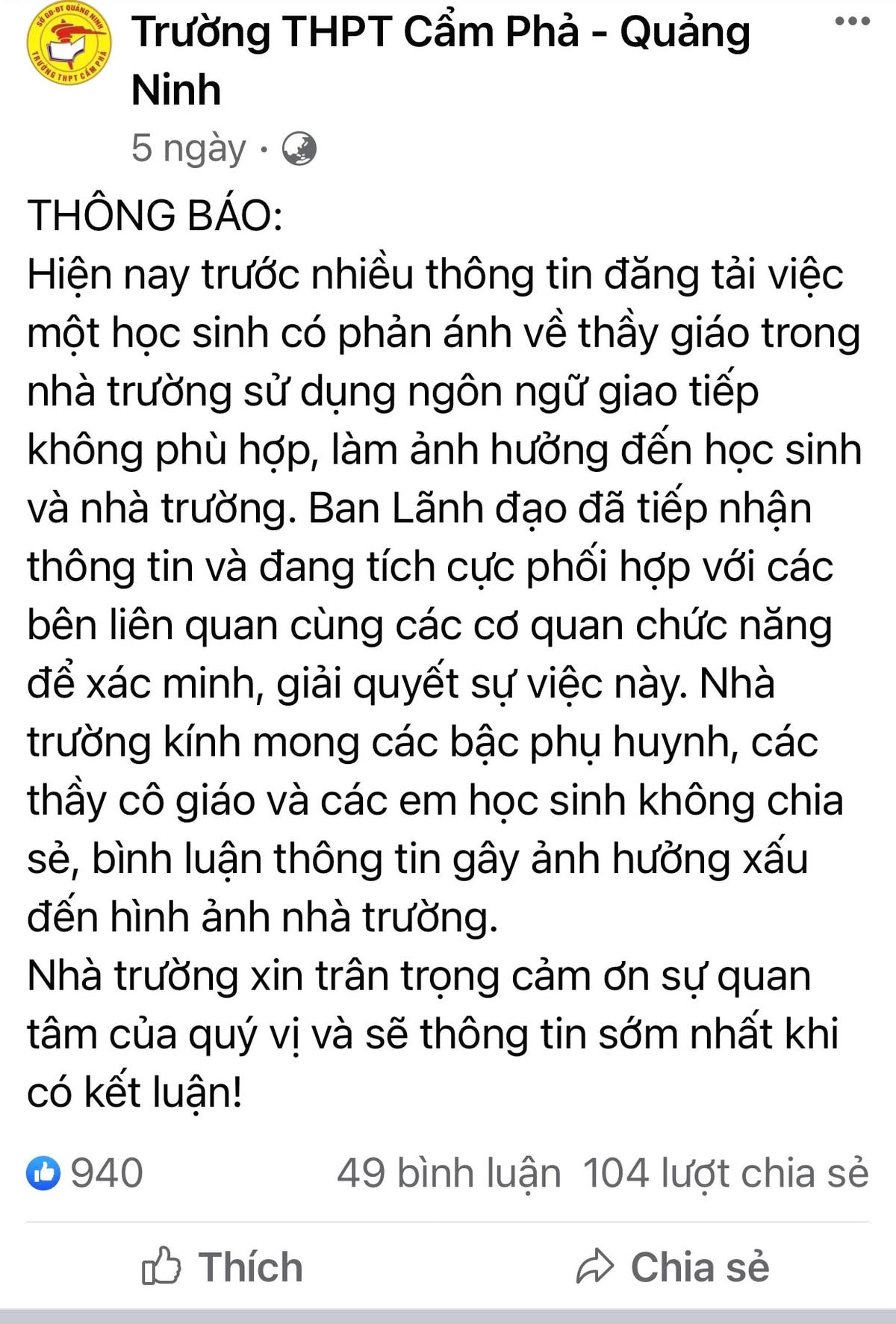 Nội dung Trường THPT Cẩm Phả trả lời trên Facebook của nhà trường.