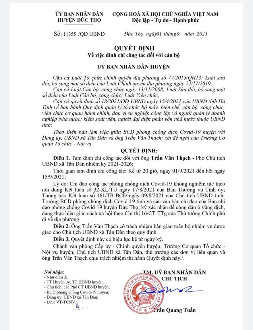 Quyết định đình chỉ công tác đối với ông Trần Văn Thạch.