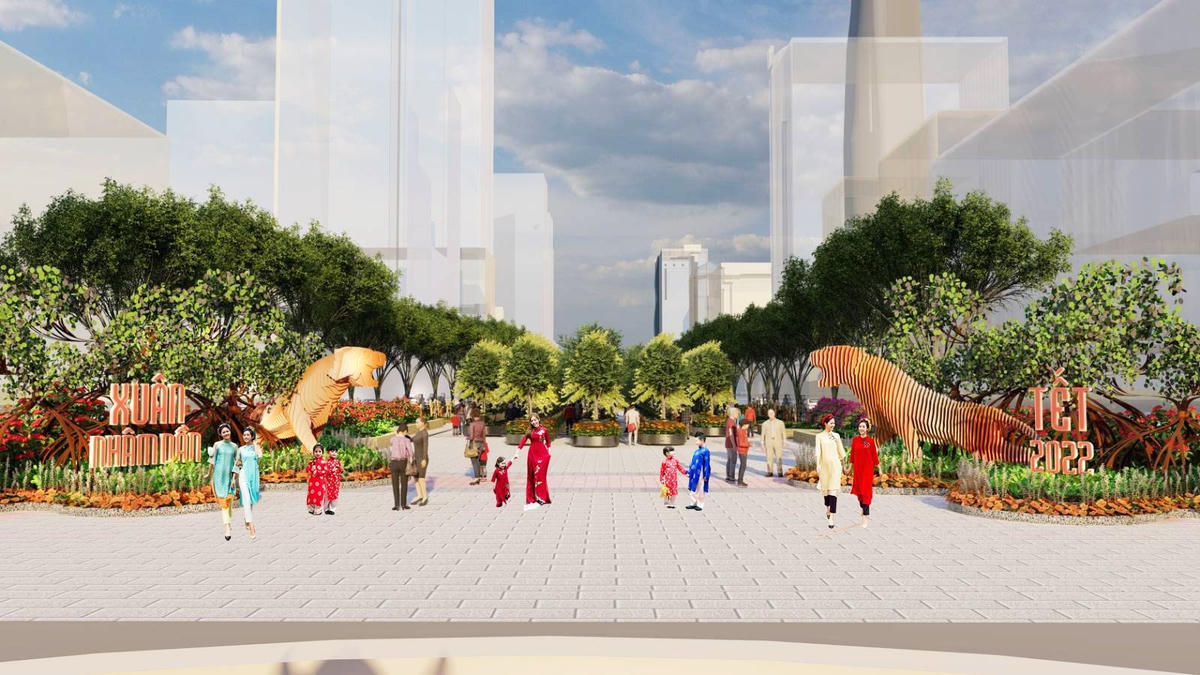 Khác với các năm trước, linh vật cổng chào Đường hoa 2022 không nằm ở vị trí trung tâm mà được dời sang 2 bên với hình tượng “Song hổ tương phùng” cao 3m, dài gần 7m, được tạo thành từ những lát thép, inox cắt gọt tinh tế.