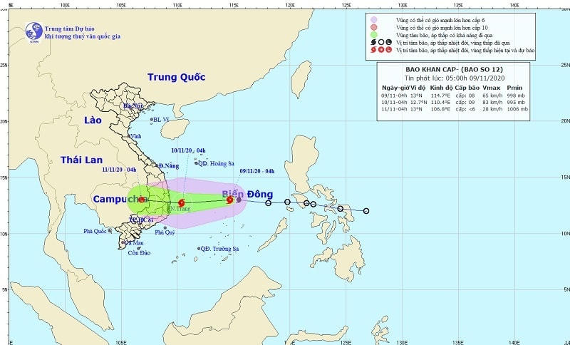Bão số 12 hướng vào Phú Yên - Ninh Thuận. Nguồn: Trung tâm dự báo khí tượng thủy văn Quốc gia.