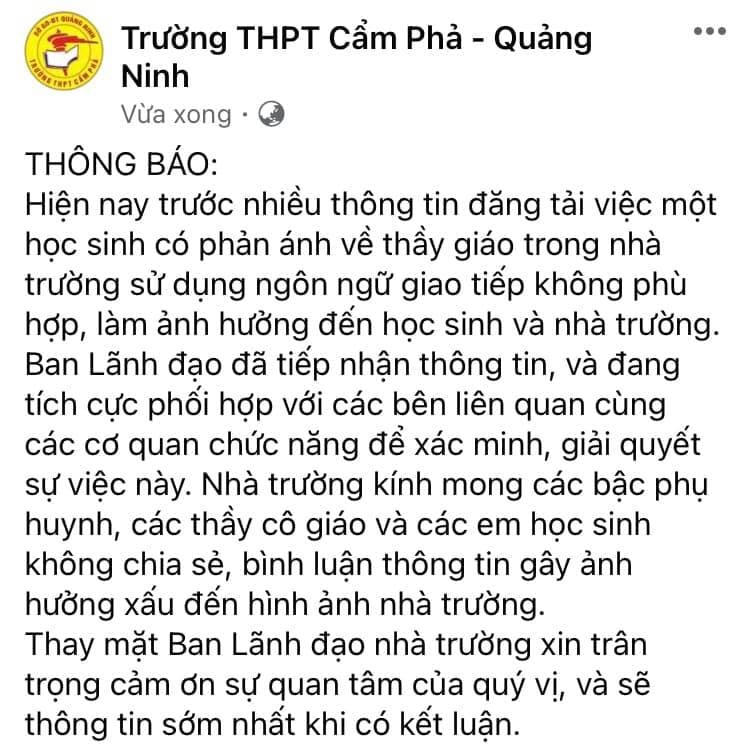 Thông báo trên Facebook của Trường THPT Cẩm Phả sau khi nắm được thông tin ban đầu về vụ việc.