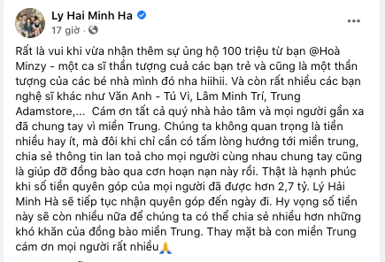 Vợ chồng ca sĩ Lý Hải - Minh Hà kêu gọi được hơn 2,7 tỷ đồng ủng hộ người dân miền Trung. (Nguồn: FBNV).