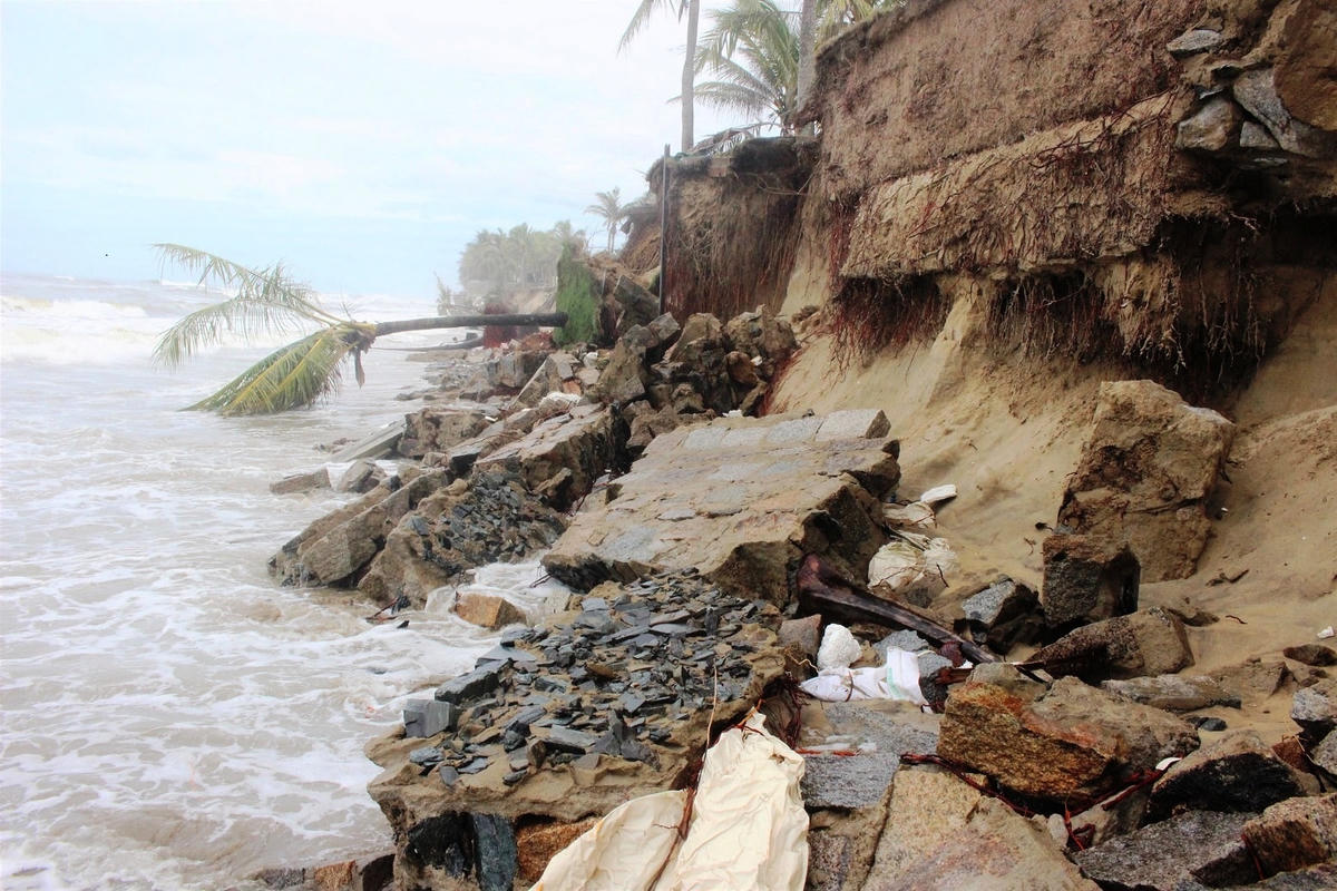 Một đoạn bờ biển ở phường Cẩm An sạt lở nặng.