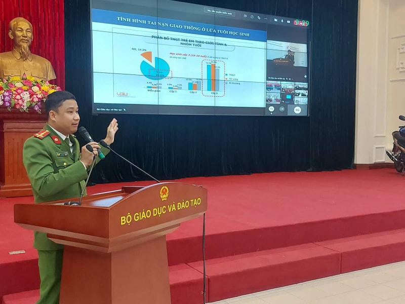 Thạc sỹ Nguyễn Hải Vương, cán bộ của Học viện CSND tuyên truyền về văn hóa giao thông cho các em HSSV.