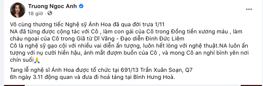 Diễn viễn Trương Ngọc Ánh bày tỏ sự đau lòng trước tin nghệ sĩ Ánh Hoa qua đời. (Nguồn: FBNV)