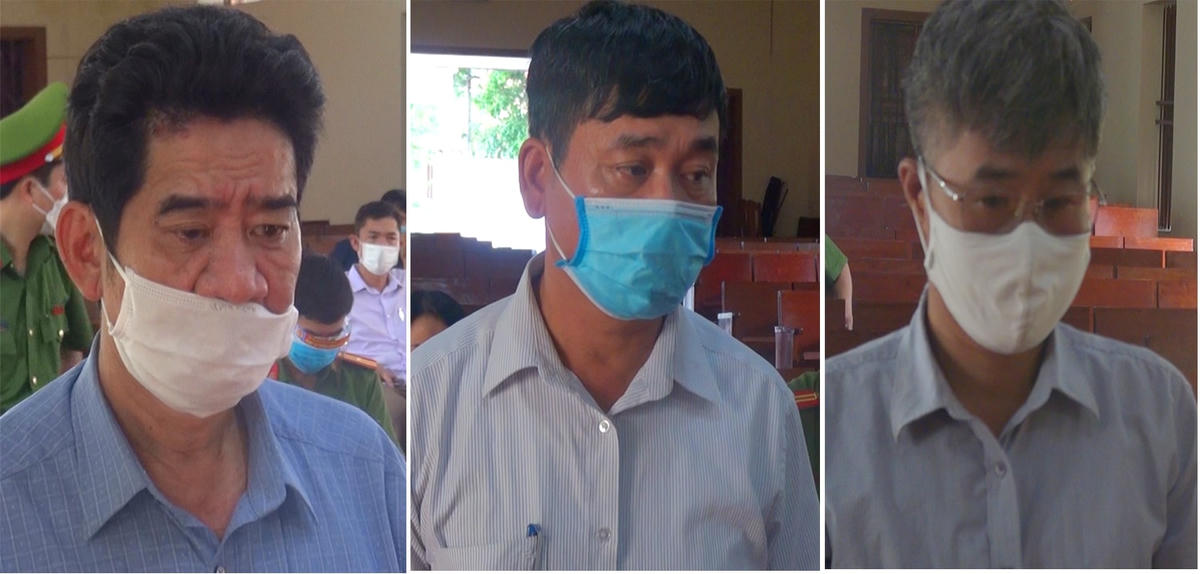 Nguyên Chủ tịch UBND xã Vĩnh Thịnh (ngoài cùng bên trái) cùng 2 thuộc cấp bị khởi tố, bắt tạm giam vì lập khống hồ sơ để rút tiền ngân sách.