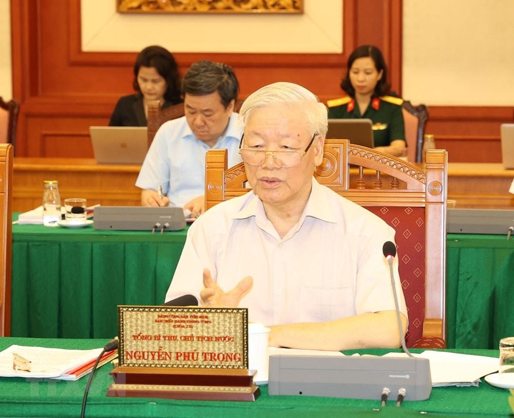 Tổng Bí thư, Chủ tịch nước Nguyễn Phú Trọng, Bí thư Quân ủy Trung ương phát biểu kết luận buổi làm việc với Ban Thường vụ Quân ủy Trung ương. Ảnh: TTXVN.