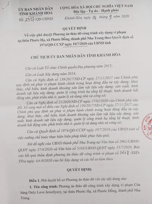 Quyết định phê duyệt phương án tháo dỡ công trình Only Love Jewellyery (xã Phước Đồng, TP Nha Trang) từ UBND tỉnh Khánh Hòa.