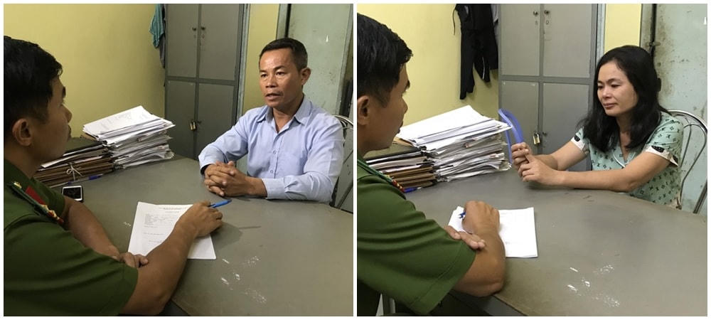 Vợ chồng Nguyễn Thành Hưng và Mai Thị Hồng tại cơ quan Công an.