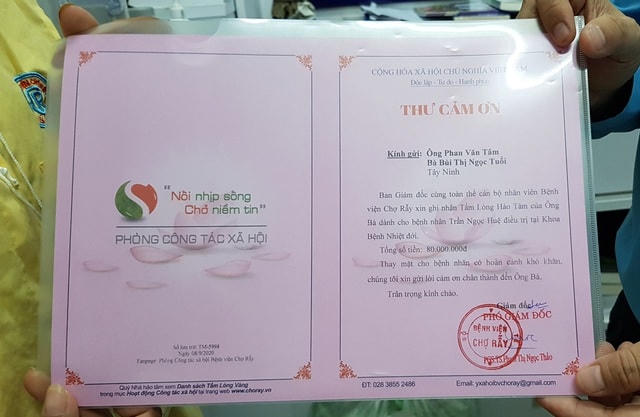 Thư cảm ơn của Phòng Công tác Xã hội, Bệnh viện Chợ Rẫy gửi đến các Mạnh Thường Quân là vợ chồng anh Tâm.  