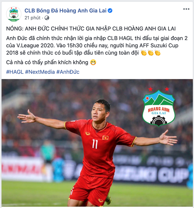 Hoàng Anh Gia Lai thông báo chiêu mộ tiền đạo Anh Đức cho giai đoạn hai V-League 2020. (Ảnh: Chụp màn hình).
