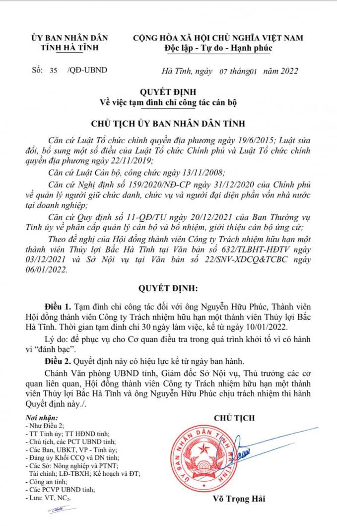 Quyết định của Chủ tịch UBND tỉnh Hà Tĩnh.