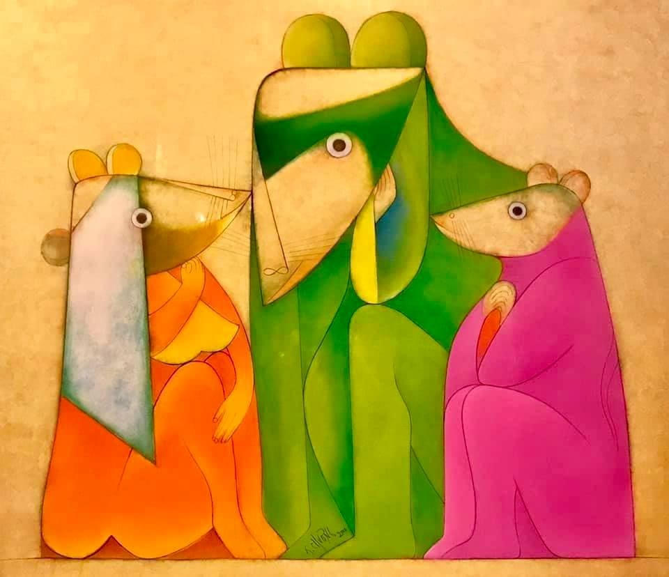 “Chuyện nhà chuột” (sơn mài, 120x100 cm) của họa sĩ Thành Chương treo tại triển lãm.
