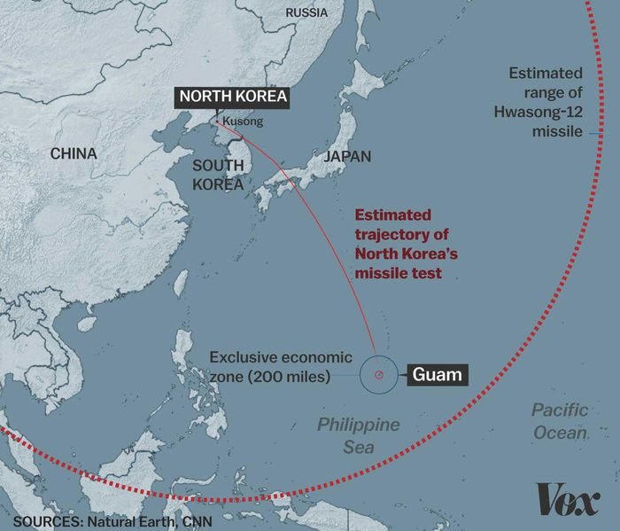 Tên lửa Hwasong-12 có tầm bắn ước tính 4.500 km và được mệnh danh là “Sát thủ đảo Guam” tương tự như tên lửa đạn đạo DF-26 của Trung Quốc.