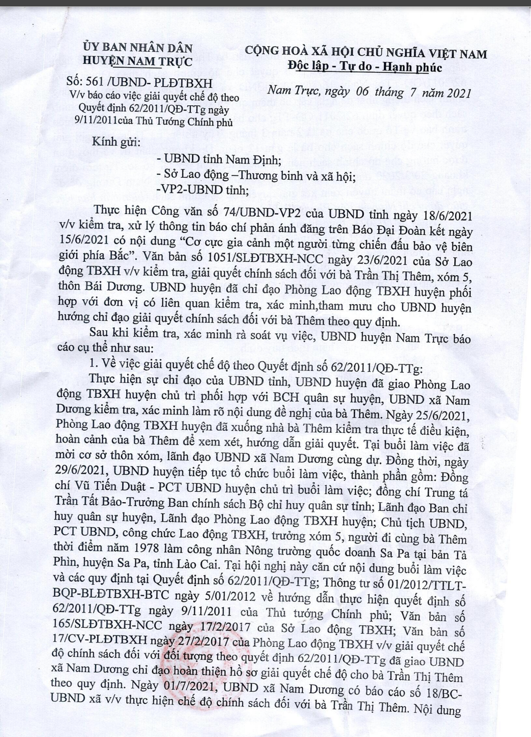 Văn bản báo cáo của UBND huyện Nam Trực.