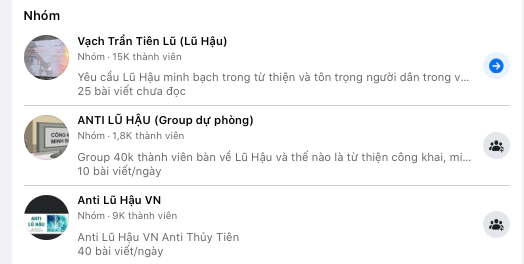 Các nhóm "antifan" ca sỹ Thuỷ Tiên. (Nguồn: Facebook)