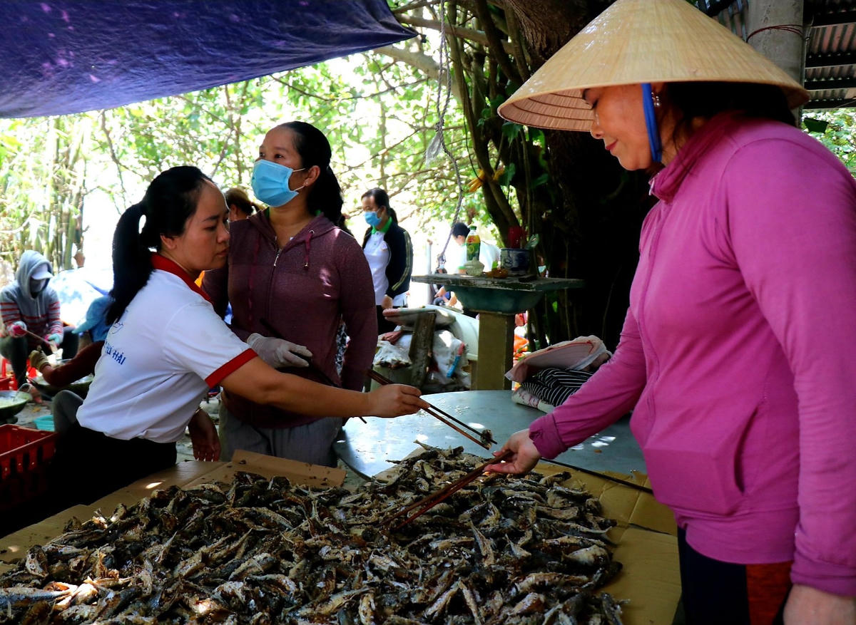 Chị Nguyễn Thị Tường Vi (áo trắng), Trưởng nhóm Chung tay Phú Hải cho biết: "Biết người dân trong vùng dịch tại TP Hồ Chí Minh đang gặp khó khăn về thực phẩm, nhóm chúng tôi cùng với chính quyền địa phương, nhân dân trong xã đã quyết định mua cá nục về chế biến rồi gửi vào. Do Phú Hải là xã vùng biển, nên việc chọn mua và chế biến cá nục sẽ thuận tiện hơn".