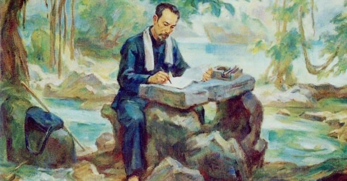 Bác Hồ làm việc ở  Pác Bó     Tranh: Trịnh Phòng